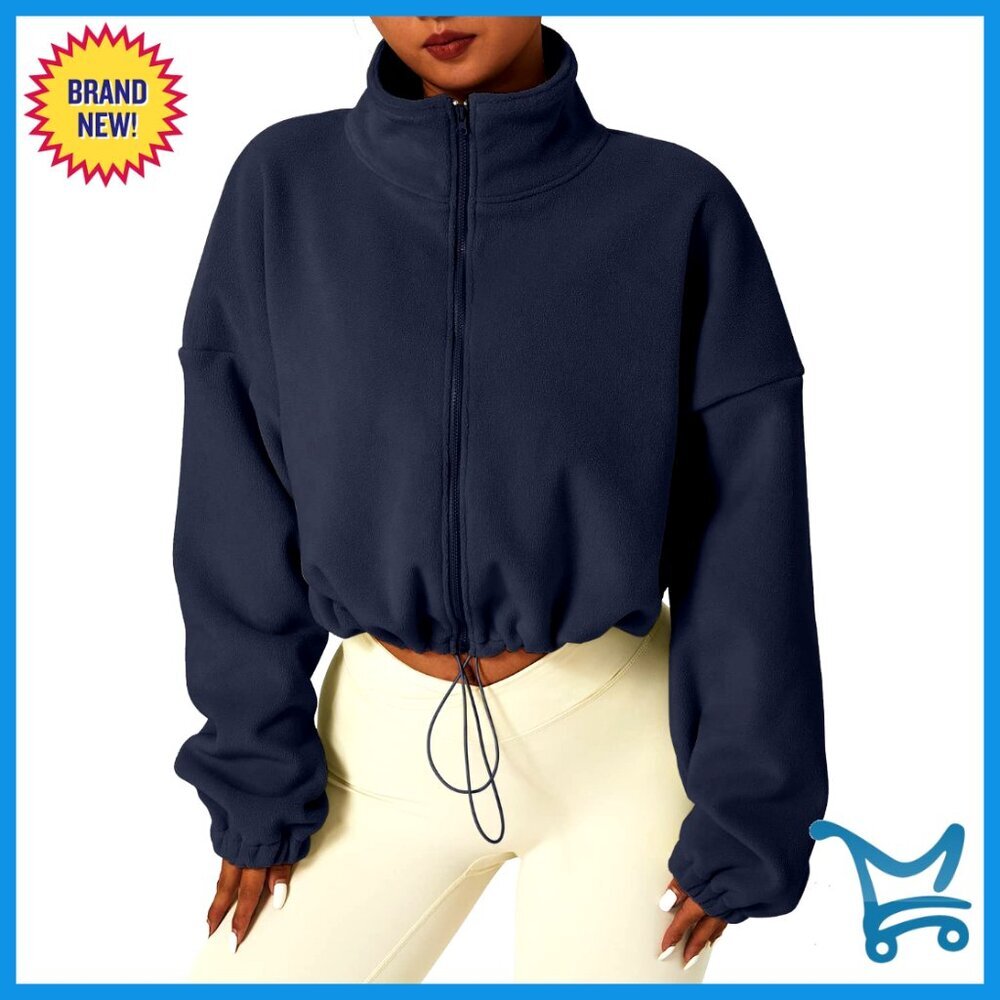 Full Zip Fleece Short Jacket Stand Collar Sherpa Crop Coat Warm Winter